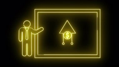 Sarı neon, siyah arkaplanda para sembolü olan bir tabloyu gösteren bir kişi çiziyor.