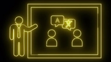 Sarı neon resim ekranda iki öğrenciye dil eğitimi sunan bir öğretmeni gösteriyor.