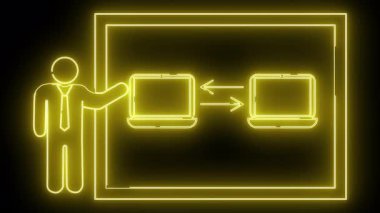 İki dizüstü bilgisayarın, sunum ekranının ve takım elbiseli bir adamın neon sarısı çizimi.