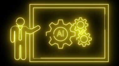 Neon sarısı ekran figürü siyah bir arkaplan karşısında yapay zeka ile vites sunar