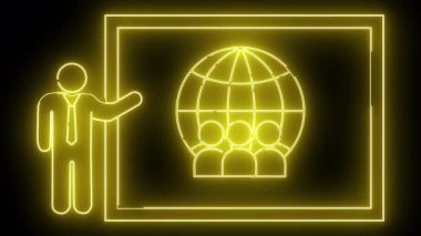 Neon ekranda bir sunucu, altında bir grup insanın bulunduğu bir dünyayı gösteriyor.