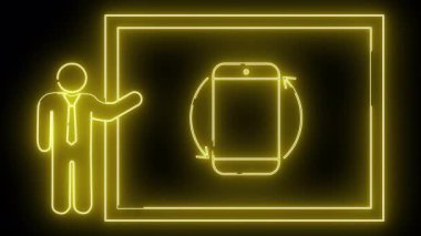 Dönen telefonu gösteren bir panonun yanındaki sunucunun neon sarısı çizgisi