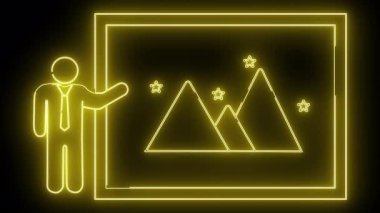 Neon sarısı bir sunum sunucusu dağları ve yıldızları siyah üzerine çift bir çerçeve içinde