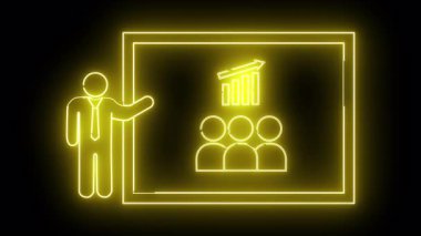 Parlak sarı bir simge, grafikle büyüyen bir panonun yanında bir sunucuyu ve insanları tasvir eder.