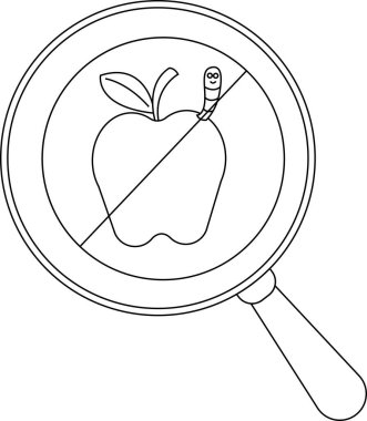 Büyüteç üzerinde solucan olan bir elma gösteriyor. Yani böcek ya da böcek yok.