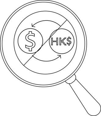 USD ve HKD arasındaki döviz takasına odaklanan büyüteç döngüsel oklar ve bir bölünme çizgisi gösteriyor