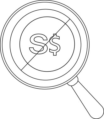 Büyüteç S üzerine odaklanır. Singapur para birimi sembolü köşegen çizgisi ile çizilmiş.