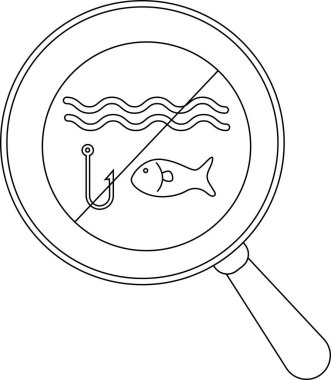 Büyüteç, balık avlanmadığını gösteren bir sembol üzerine odaklanır. Dalgalar kanca ve üzeri çizilmiş bir balık.