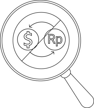 Dollar Rupiah sembolleri büyüteç içinde etrafı oklarla çevrili.