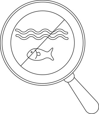 Büyüteç çerçeveli bir balıkçılık sembolü, stilize dalgalar ve içinden bir çizgi geçen bir balık içerir.