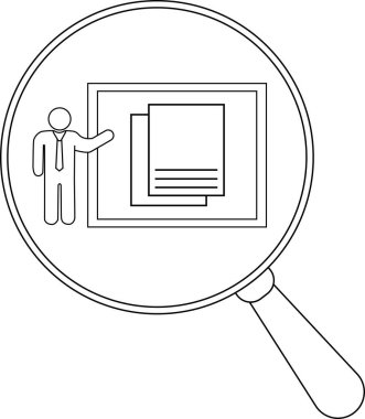 Bir büyüteç, bir adamın sunum yaparken iki belgesi olduğunu gösteriyor.