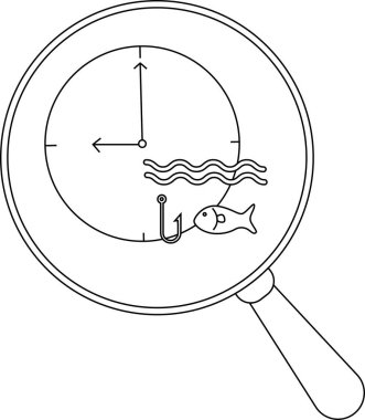 Balık kancalı bir saat ve büyüteç içinde dalgalar.
