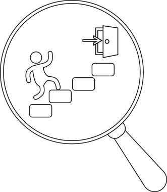 Büyüteç, içe bakan bir okla açık bir kapıya doğru tırmanan bir çöp adam üzerine odaklanmış.