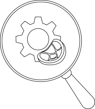 Ana hatları çizilmiş dişli ve et büyüteç altında kesilmiş. Basit siyah ve beyaz çizimler.