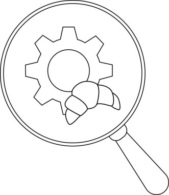 Bir büyüteç, bir vites ve bir kruvasan gösterir.