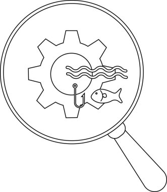 Büyüteç, içinde kanca olan bir dişli ve siyah beyaz bir çizgi çizen bir balık gösterir.