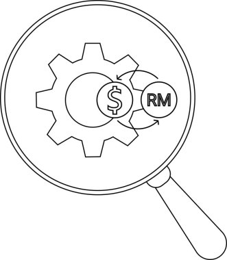 Oklarla bağlanmış para birimi sembolleri olan bir dişli sistemi üzerindeki büyüteç