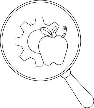 Büyüteç, elmanın ve solucanın nesnelerin bileşenlerine odaklandığını gösterir.