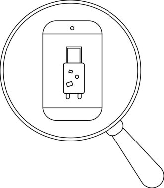 Seyahat çantalı akıllı telefon ekranı büyüteçle büyütülmüş.