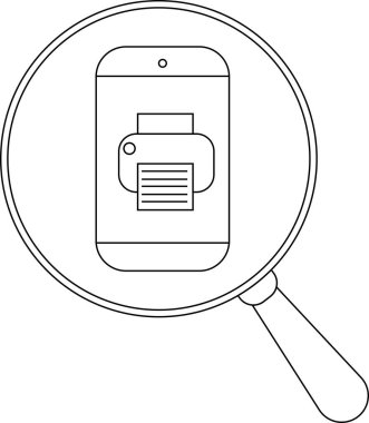 Akıllı telefon simgesinin üzerindeki büyüteç, basit siyah beyaz satır sanat tarzında bir yazıcıyı görüntülüyor