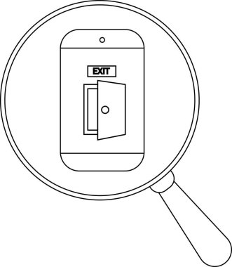 Büyüteçle büyütülmüş bir telefon ekranındaki çıkış işareti