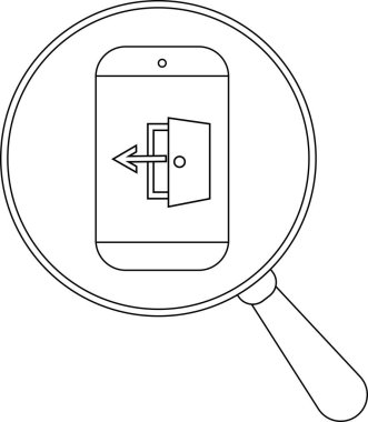İçinde çıkış simgesi olan bir cep telefonu büyüteç ile büyütülmüş.