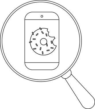 Akıllı telefonun üzerinde bir büyüteç, ısırıklı bir donut sergiliyor.
