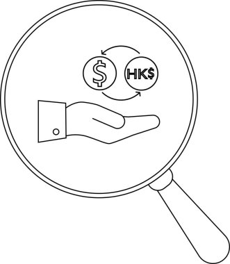 Büyüteç, Amerikan doları veya Hong Kong dolar döviz kuru alan bir ele odaklanıyor