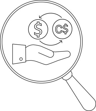 Büyütülmüş el döviz sembolleri C 'yi değiş tokuşu gösteren eğri oklarla sunar.