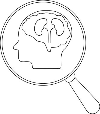 Kafa siluetinin içindeki bir beyin çizgisi büyüteçle görülüyor.