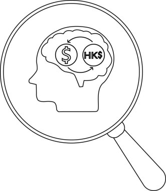 Çizgi sanatı, içinde para değişimi sembolleri olan bir kafayı büyüteç altında tasvir eder.