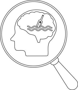 Suyun üzerinde yüzen bir şişenin bulunduğu beyni olan bir kafanın üzerinde büyüteç.