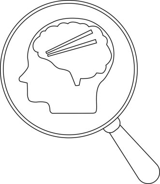Bir büyüteç bir baş siluetini büyütür, içinde bir beyin çizgisi ve iki çapraz çizgi vardır.