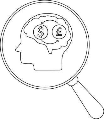 Bir büyüteçteki bir kafa tasviri içinde bir dolar ve bir pound sembolü olan bir beyin ile para alışverişini gösteren oklar.