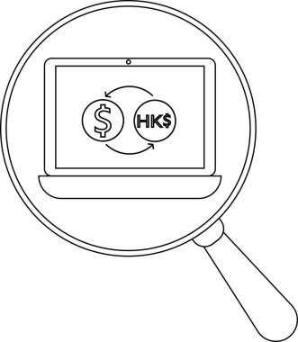 Bilgisayarın üzerindeki büyüteç, Amerikan dolarını ve Hong Kong dolarlarını kavisli oklarla gösteriyor.