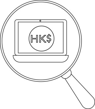 Bilgisayardaki ekranda büyüteç, Hong Kong 'un online finansal araştırmayı sembolize ettiğini gösteriyor.