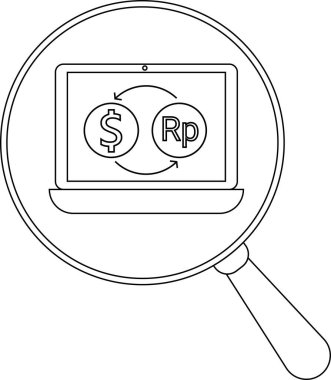 Bir dizüstü bilgisayara odaklanan büyüteç para değişimi sembolleri dolar ve rupiah gösteriyor.