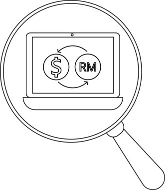 Bir çizgi çizimi, bir bilgisayar ekranında büyüteç altında döviz değişimi gösteriyor.