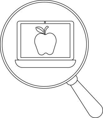 Ekranında elma olan bir dizüstü bilgisayar büyüteçle izlenir