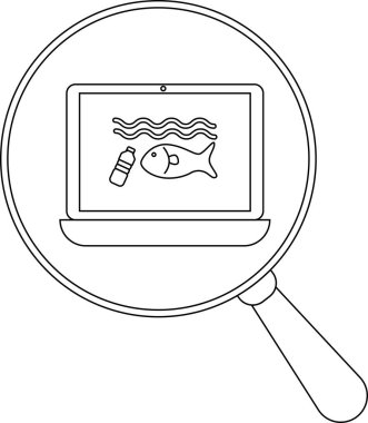 Dizüstü bilgisayarda büyüteç altında plastik bir balık şişesi ve dalgalı çizgiler var.