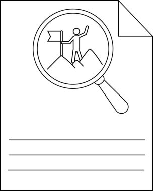 Bir dağ zirvesinde bayrakla bir insanı gösteren büyüteçle çizilmiş bir kağıt.