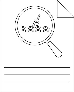 Şişenin üzerinde büyüteç olan bir çarşaf. Suda bir mesaj var.