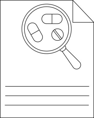 Büyüteç altında haplar ve yazmak için replikler olan bir kağıt.