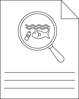 Bir sayfada suyun üzerinde bir büyüteç, bir balık ve altında çizgiler olan bir şişe var.