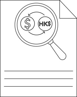 Kağıt bir belgeye para birimi sembolleri ve Hong Kong üzerine odaklanan bir büyüteç