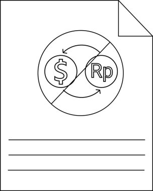 Görüntü bir dolar ve rupiah Rp simgesini çizgileri olan bir kağıt parçasında gösteriyor.