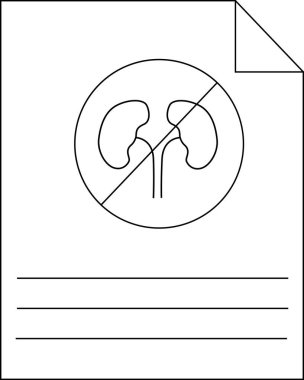 Çemberin içinde böbrek simgesi olan bir kağıt. Çemberin içinde köşegen çizgisi ve altında üç çizgi var.