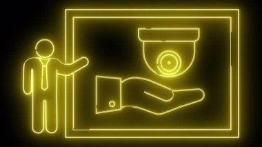 Sarı neonstyle sanat şahsiyeti siyah bir arkaplan üzerinde bir el üstünde güvenlik kamerası sunuyor.