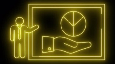 Sarı neonstyle hatları bir el tarafından desteklenen bir pasta grafiği sunan bir kişi tasvir ediyor