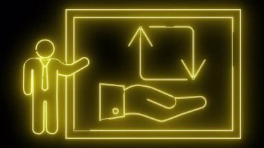 Sarı neon ışığı siyah arkaplana karşı bir slayt ve ok ile sunan bir çubuk figürü gösterir